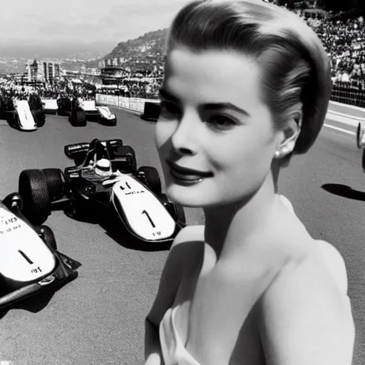 Prompt: selfie smartphone photo of a young Grace Kelly at the 2022 Monaco Gran Prix, F1 cars blurred in background, iphone photo, smartphone resolution, low resolution camera