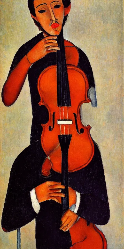 Prompt: violin player portait by modigliani, very detailed, intricate symmetric, soft shadow, dslr, 4 k