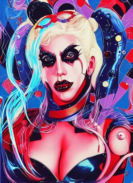 Image similar to beautiful lady gaga as harley quinn, high details, intricate details, by vincent di fate, artgerm julie bell beeple, 1 9 9 0 s, inking, vintage 9 0 s print, screen print