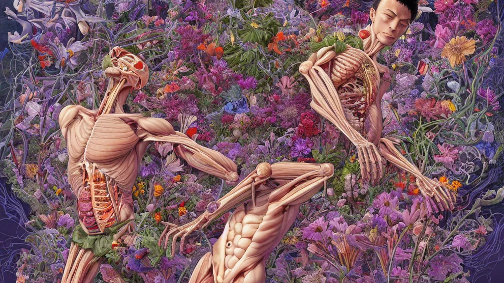 Image similar to highly detailed illustration of a human anatomy body exploded by all the known species of flowers by juan gatti, by makoto shinkai, by moebius!, by oliver vernon, by joseph moncada, by damon soule, by manabu ikeda, by kyle hotz, by dan mumford, by kilian eng