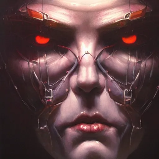 Prompt: a hyperrealistic acrylic portrait painting of a cyberpunk - necromancer by artgerm, beksinski and thomas kinkade. male. intricate details. believable eyes. head and shoulders. front on, symmetrical. epic fantasy art.