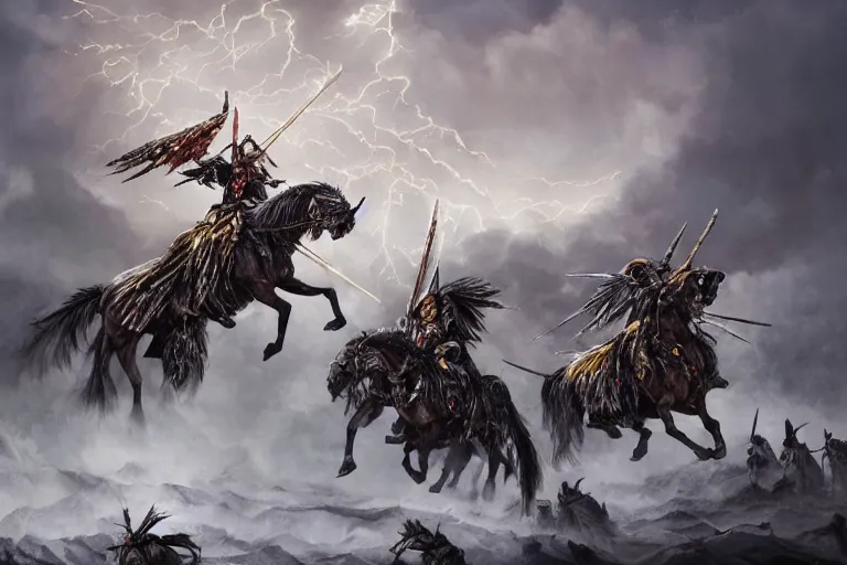Image similar to Majestic powerfull big white wings Winged Hussars cavalry horde charging at ugly colour demons and trolls on ground, huge golden cross above them on the sky, wings lightning bright from heavens, blood, snow, wide angle, thunders, magic, dramatic lighting, intricate, wild, highly detailed, digital painting, artstation, concept art, smooth, sharp focus, illustration, art by artgerm and greg rutkowski and alphonse mucha, footage from space camera