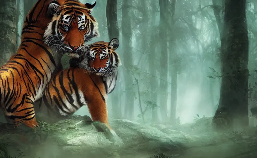 Prompt: tigers eating a succubus in an ancient bioluminescent forest, ana de armas, flawless symmetrical pretty cute face kissing ecstacy, greg rutkowski, 8 k, shallow depth of field, intricate detail, concept art,