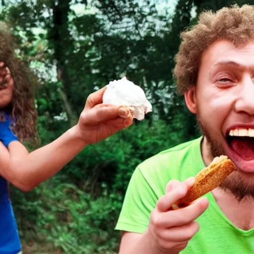 Image similar to photo of a neanderthal amazed eating ice cream