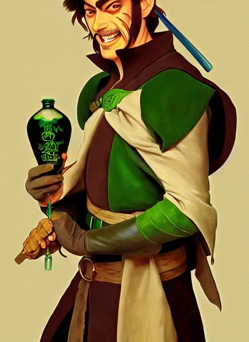 Prompt: villianous medieval assassain holding green bottle of poison, natural lighting, path traced, highly detailed, high quality, digital painting, by don bluth and ross tran and studio ghibli and alphonse mucha, artgerm