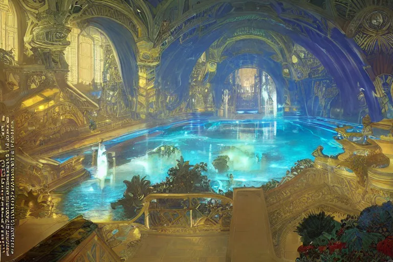 Image similar to Concept Digital Art Highly detailed Art Deco Cybertronian lazy river inside of the Palace of the Primes with glowing blue water at night by greg rutkowski, Ilya repin, alphonse mucha, transformers, and Edmund Blair Leighton. Very highly detailed 8K, Digital painting, the golden ratio, rational painting