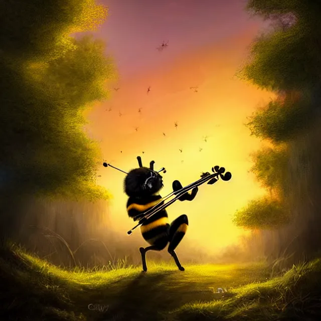 Prompt: epic professional digital art of A bipedal bumblebee playing the violin during sunset in a forest, best on artstation, breathtaking, epic, stunning, gorgeous, much detail, much wow, cgsociety, wlop, pixiv, behance, deviantart, masterpiece, UHD, 8K