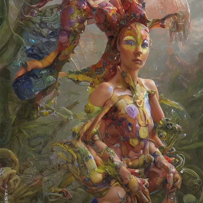 Image similar to a fashion editorial of elf lady as a brightly colored sphinx amphibian hybrid with wet translucent skin. wearing an growing organic exosuit. by tom bagshaw, donato giancola, hans holbein, walton ford, gaston bussiere, brian froud, peter mohrbacher and magali villeneuve. 8 k, cgsociety