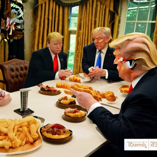 Image similar to Donald Trump eating McDonalds at a table, night vision, trail cam footage