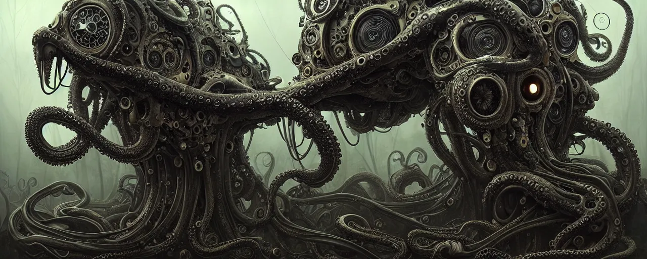 Prompt: biomechanical shiny vehicle reminiscent of bugatti chiron with (glowing) lights and octopus tentacles parked in ancient mystic woods, gothic and baroque, brutalist architecture, ultradetailed, creepy ambiance, fog, artgerm, giger, Intricate by Ellen Jewett and Josan Gonzalez and Giuseppe Arcimboldo