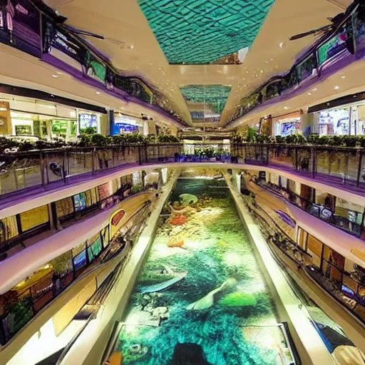 Prompt: photo of inside a shopping mall the inside is flooded with over 2 0 meters depth of water, highly detailed.