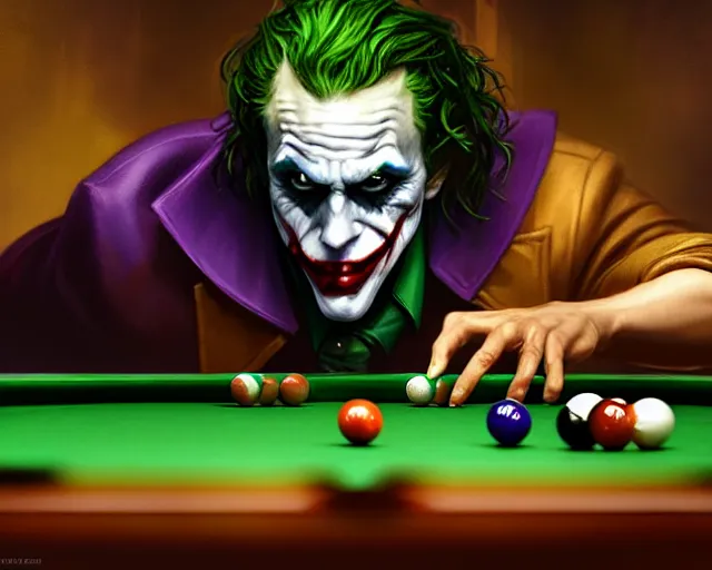 Prompt: photography of the joker playing pool, deep focus, intricate, elegant, highly detailed, digital painting, artstation, concept art, matte, sharp focus, illustration, hearthstone, art by artgerm and greg rutkowski and alphonse mucha