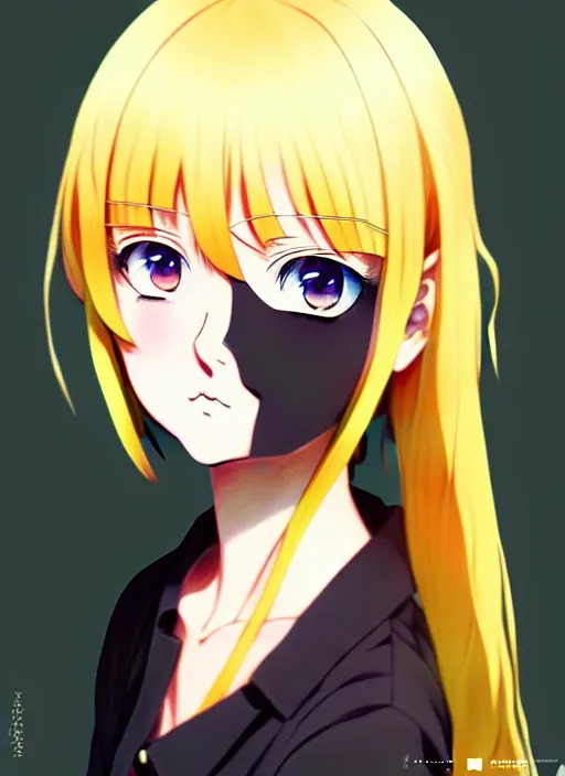 Image similar to anime portrait of a beautiful blonde, yellow - orange eyes, ilya kuvshinov, black clothing, head tilt, anime, pixiv top monthly, trending on artstation, cinematic, danbooru, zerochan art, kyoto animation