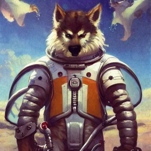 Prompt: wolfman furry fursona spacesuit furry body furry arms, gaston bussiere, artgerm, greg rutkowski, john berkey, ruan jia, jack kirby, marvel