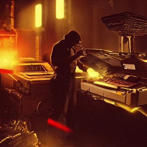 Prompt: augmented human repairing commodore 6 4, dark messy smoke - filled cluttered workshop, dark, dramatic lighting, orange tint, cinematic, highly detailed, sci - fi, futuristic, movie still from blade runner