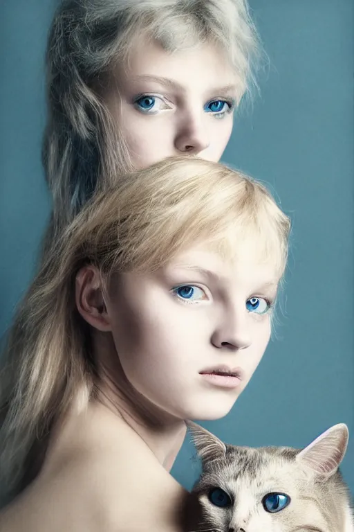 Prompt: photo realistic portrait of a blonde hair blue eyed teenage girl, sharp jawline seductive pose, Teary-eyed, makeup with a cat's companion on her side. Photography portrait by Paolo Roversi
