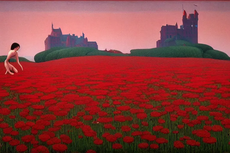 Image similar to only with red, a red expanse of flowers of different types, castle in background, goblin dance over the flowers, in the style of beksinski, parts by edward hopper, parts by rodcenko, parts by yue minjun, intricate and epic composition, red by caravaggio, insanely quality, highly detailed, masterpiece, red light, artstation, 4 k