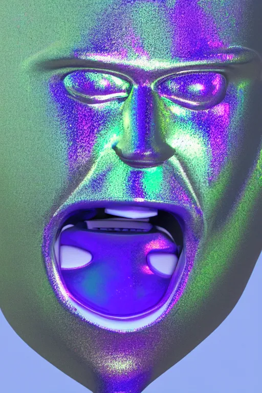 Image similar to 3d render of holographic angry human robotic screaming angry bust made of glossy iridescent, screaming, bust, surrealistic 3d illustration of a human non-binary, non binary model, 3d model human, cryengine, made of holographic texture, holographic material, holographic rainbow, concept of cyborg and artificial intelligence