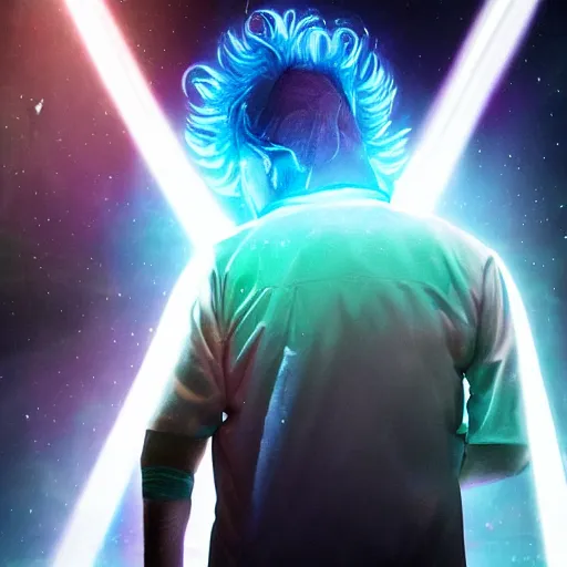 Image similar to portrait of rick sanchez, lab coat and tee shirt, lens flare, atmosphere, glow, detailed, intricate, full of colour, cinematic lighting, 4 k, hyperrealistic, focused, extreme details, cinematic, masterpiece