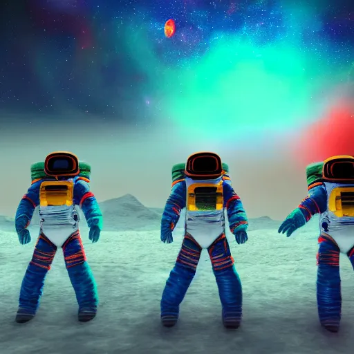 Prompt: three amigos on a space adventure, psychedelic colors, extremely detailed, fractal sky, unreal engine 6k render