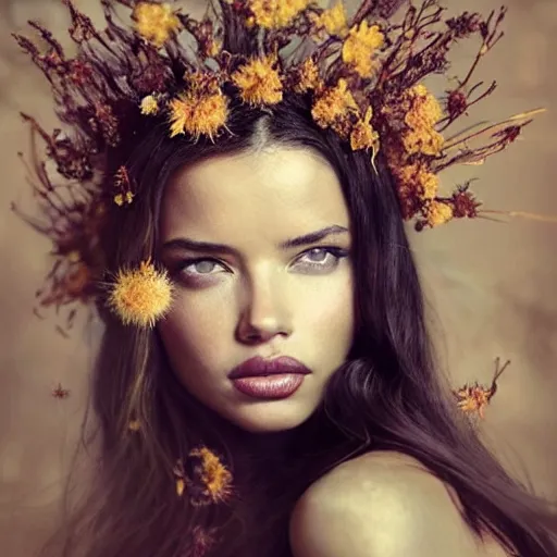 Image similar to fine art photo of adriana lima, she has a crown of dried flowers, by oleg oprisco