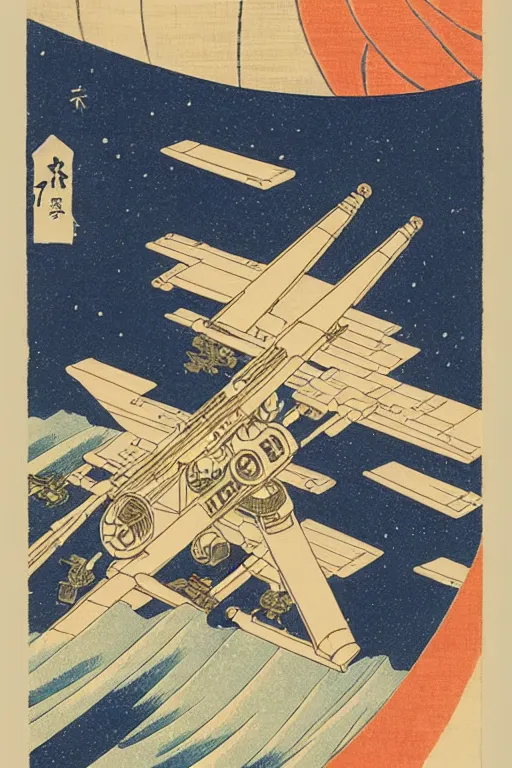 Prompt: Japanese woodblock print of a Star Wars X-Wing , Hokusai