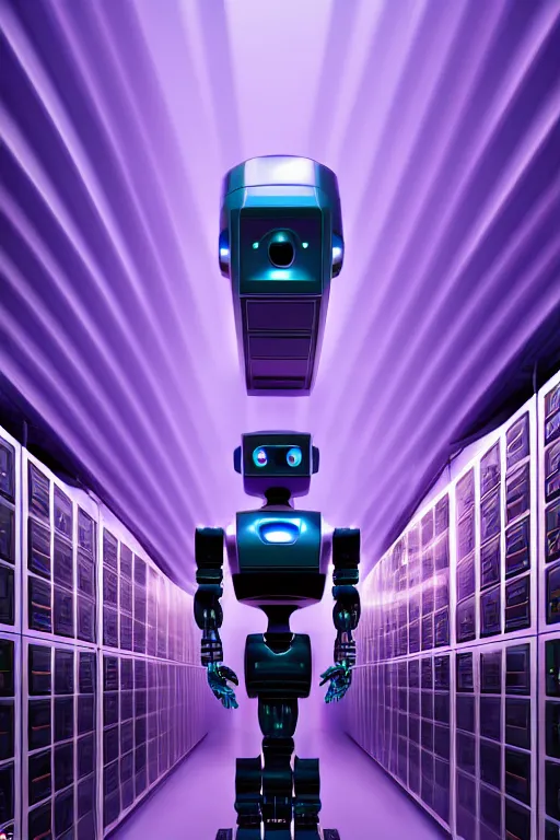 Image similar to hyperrealistic medium shot robot! in data center server building highly detailed concept art eric zener elson peter cinematic hard purple lighting high angle hd 8 k sharp shallow depth of field, inspired by david paul cronenberg and zdzisław beksinski