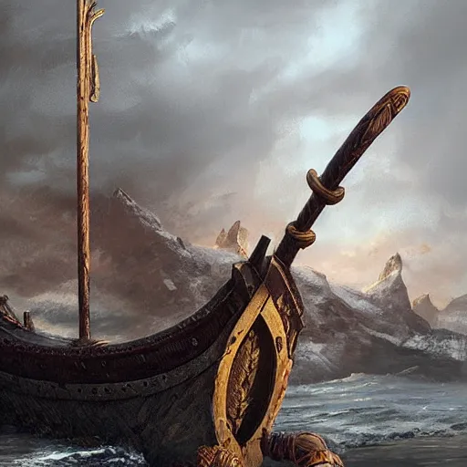 Prompt: a portrait painting of a viking ship, digital painting, hyper realistic, nordic mythology, full of details, in the style if greg rutkowski,