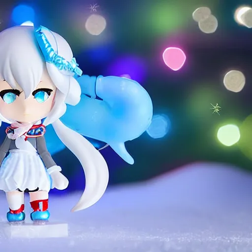 Prompt: snow miku nendroid pvc, christmas lights and snow in the background