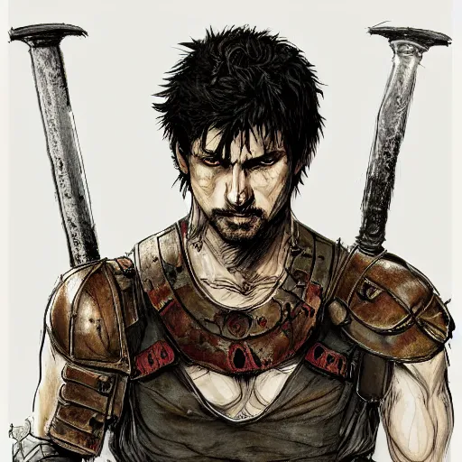 Image similar to self portrait, roman man with battle scar on his chest holding his sword on his shoulder by yoji shinkawa, pencil art, detailed, handsome, colored, bloody