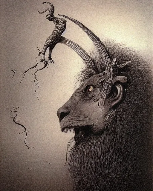 Image similar to a creature with the body and eyes of a man, with the beak of an eagle, the mane of a lion, and the horns of an ox. drawn by zdzislaw beksinski