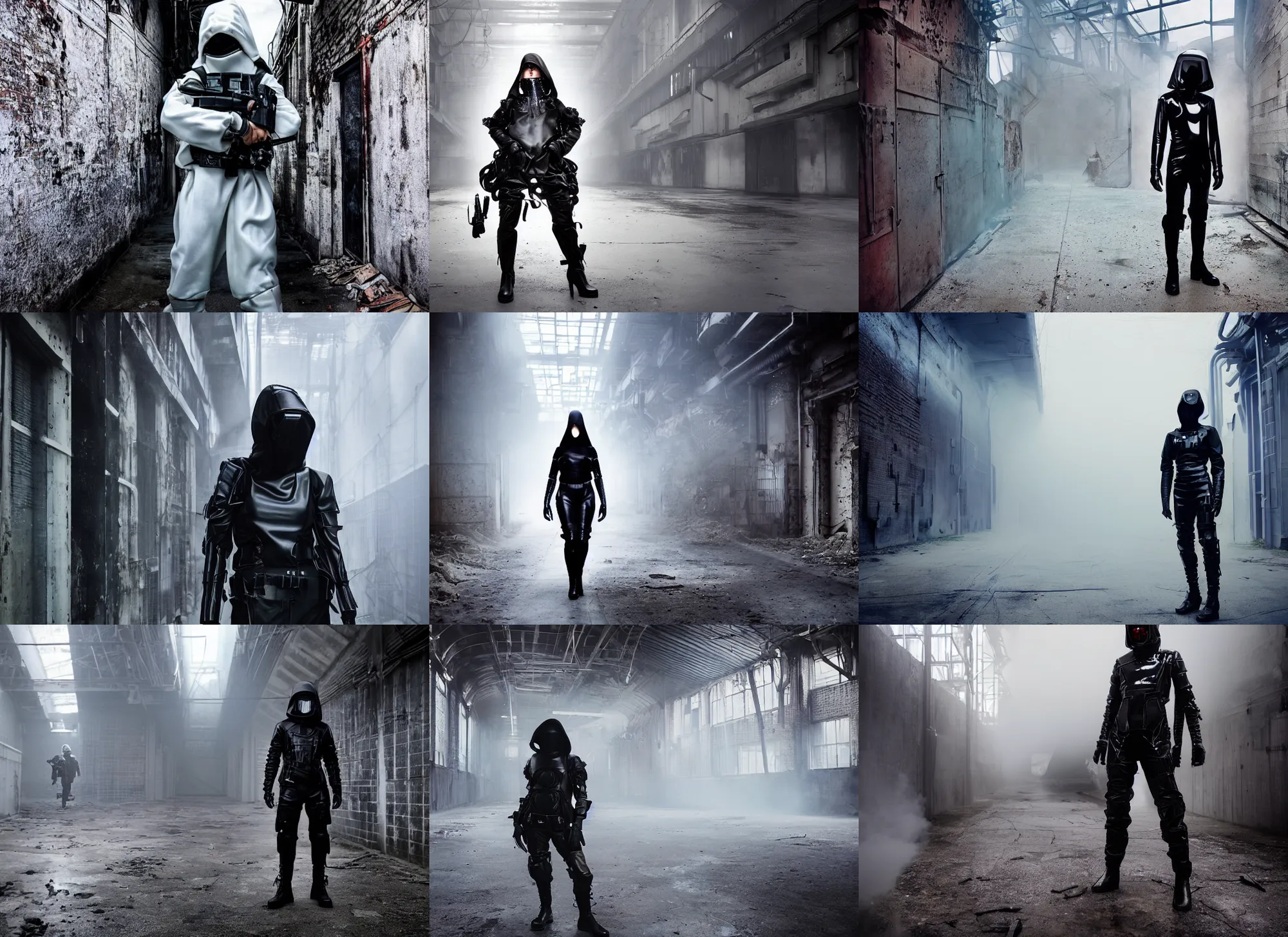 Prompt: beautiful fashion model with white sci - fi tactical gear, black leather garment, hologram sci - fi hood, full shot fashion photography, misty alleyway, abandoned factory, battle ready, acid color smoke, by irving penn and storm thorgerson, ren heng, peter elson