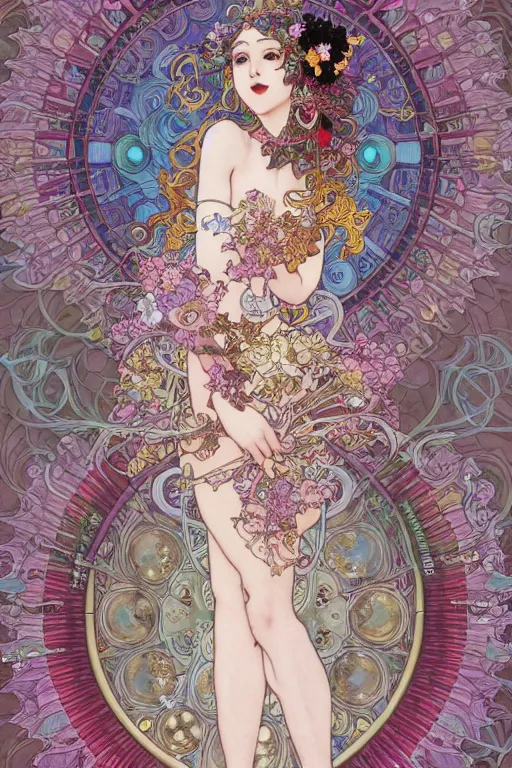 Prompt: fullbody artwork of a goddess of dreams, wearing a long flowery dress, intricate, prism, flowey, wispy, wide hips, attractive character, black lipstick, intangible, dreamy, Character concept by yoshitaka amano, WLOP, baroque, alphonse mucha, Akihiko Yoshida, Hyung-tae Kim, alexander mcqueen, trending on Artstation