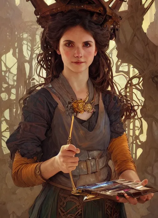 Image similar to an epic fantasy comic book style portrait painting of a young tinker girl working on a device in her workshop, d & d, fantasy, intricate, elegant, highly detailed, digital painting, artstation, concept art, matte, sharp focus, illustration, art by artgerm and greg rutkowski and alphonse mucha