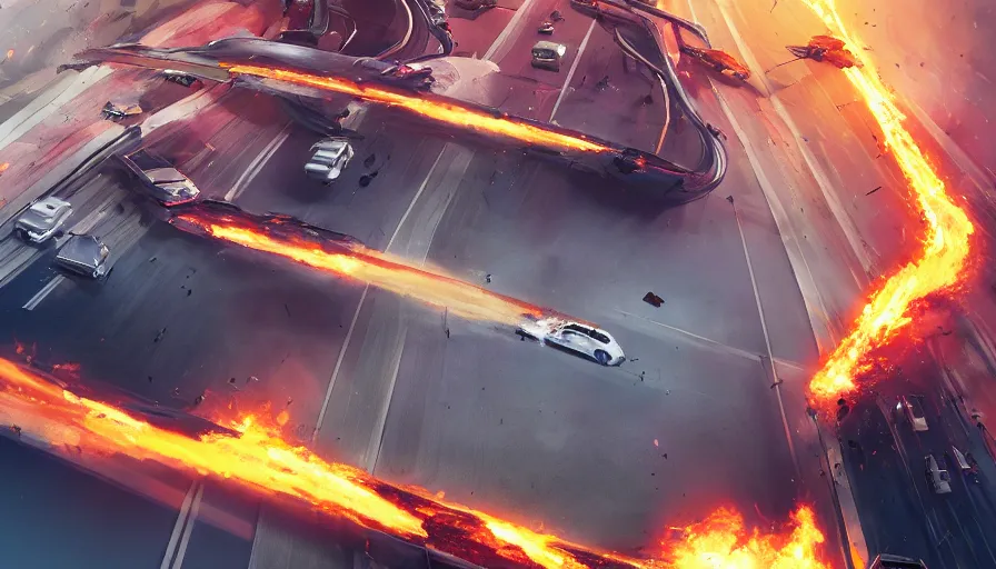 Image similar to falling highways with burning cars, movie scene, spectacular, hyperdetailed, artstation, cgsociety, 8 k