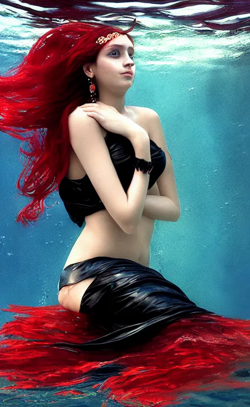 Image similar to portrait of a girl with long red hair in a black dress, under water, very beautiful style, girl wrapped in leather salwar bag black, photorealism jared french, george tucker