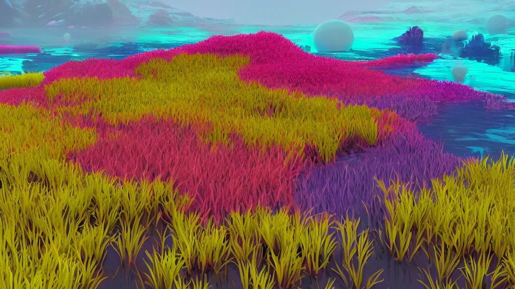 Prompt: digital illustration of a lake full of multi - colored megaflora ice plants by dr. seuss, reimagined by ilm and beeple : 1 | spectral color, electric color, rolling hills : 0. 9 | fantasy : 0. 9 | unreal engine, deviantart, artstation, hd, 8 k resolution : 0. 8