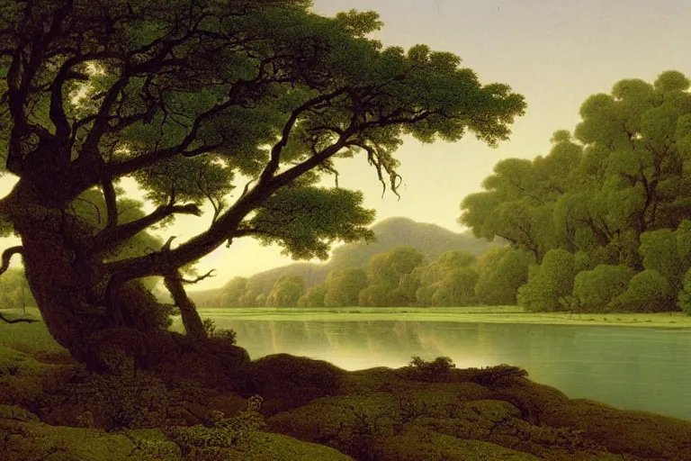 Image similar to painting of a old tree next to a meandering river by martin johnson heade