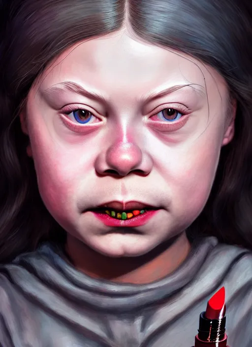 Image similar to portrait of greta thunberg as a cute medieval goblin girl with lipstick and long eyelashes, beautiful face, hyper realistic, highly detailed, digital painting, artstation, illustration, concept art by hyung tae and frank frazetta, digital paint, matte paint, washed colors, dark, gloomy