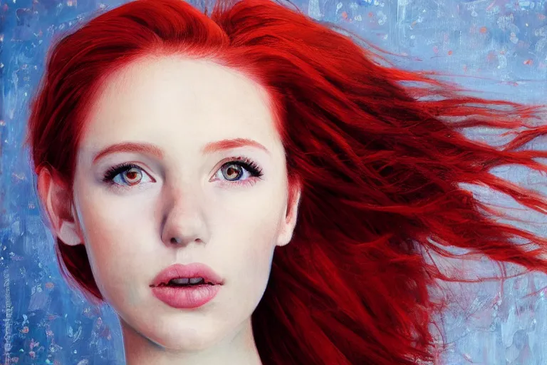 Prompt: beautiful red-haired girl portrait in full face. the camera is 2 meters above the ground. Cinematic. Intricately detailed acrylic painting