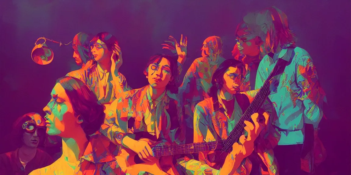 Image similar to duotone trippy 1 9 6 0 s lsd concept illustration of psychedelic hippy musicians. volumetric lighting. golden ratio accidental renaissance. by sachin teng and sergey kolesov and ruan jia and heng z. graffiti art, scifi, fantasy, hyper detailed. octane render. concept art. trending on artstation.