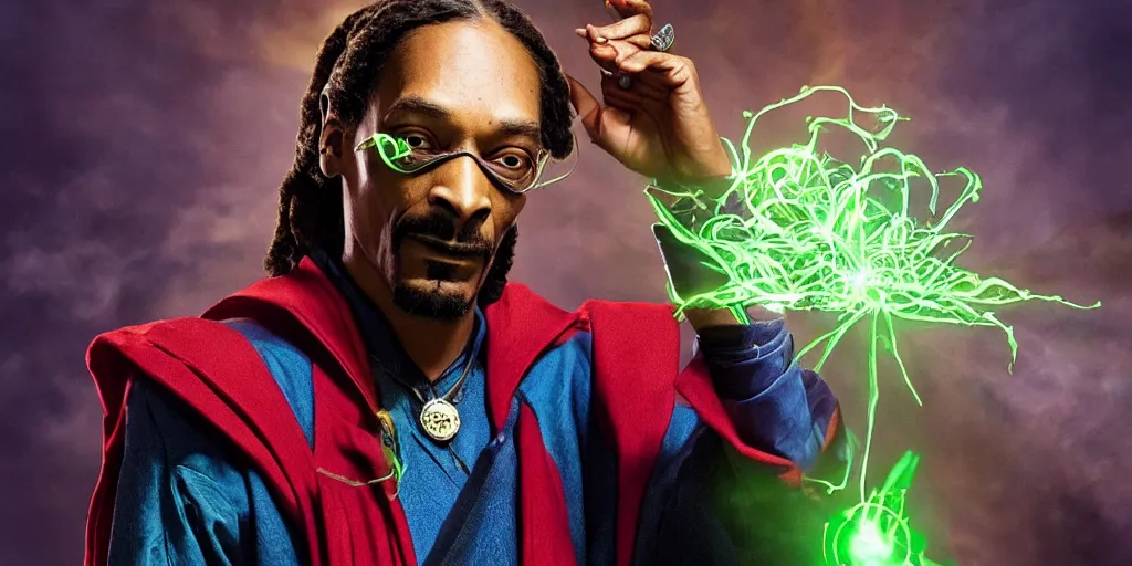 Image similar to snoop dogg as the doctor strange, marijuana leaves, green light, highly detailed, marvel cinematic universe, mcu, photo