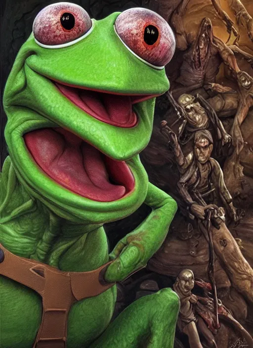 Image similar to portrait of Kermit the frog in Evil Dead (2013), highly detailed, centered, solid color background, digital painting, artstation, concept art, smooth, sharp focus, illustration, artgerm, donato giancola, Joseph Christian Leyendecker, Les Edwards, Ed Repka, WLOP, Artgerm