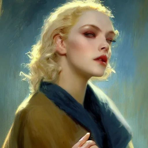 Prompt: detailed cinematic wide shot of beautiful attractive blonde vampire woman slim face symettrical face clean skin blue eyes black robe smooth, sharp focus, ultra realistic, spring light, painting by gaston bussiere, craig mullins, j. c. leyendecker