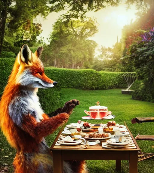 Prompt: film still from the movie chappie outdoor park plants garden scene bokeh depth of field sitting down at a table having a delicious grand victorian tea party crumpets close up masterpiece portrait of a furry anthro anthropomorphic stylized fox wearing dress