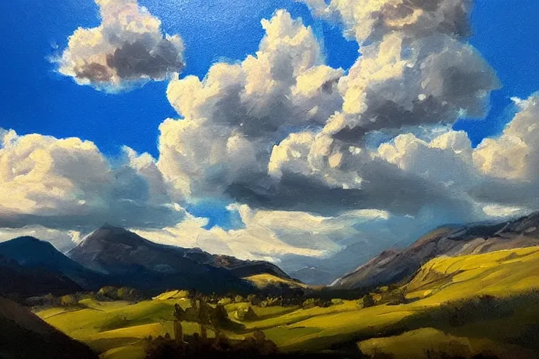 Image similar to a beutiful oil painting of a landscape, dramatic lighting, clouds in the sky, mountains