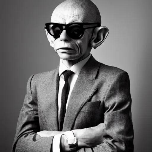 Image similar to award - winning photograph of super stylish and cool gollum wearing dark shades and wearing a handsome suit