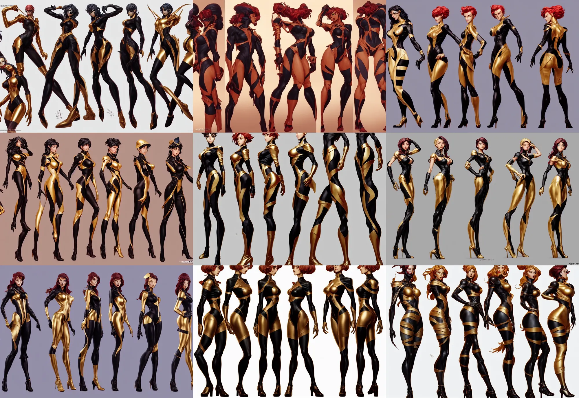 Image similar to three views cartoon character design by artgerm, cushart krenz, zeronis, donato giancola and greg rutkowski. future head set!! black tape project show attctive showgirl!! full body!! sharp edge. ultra clear detailed. contour light effect!! 8 k. red, golden and black. stage light. octane render.