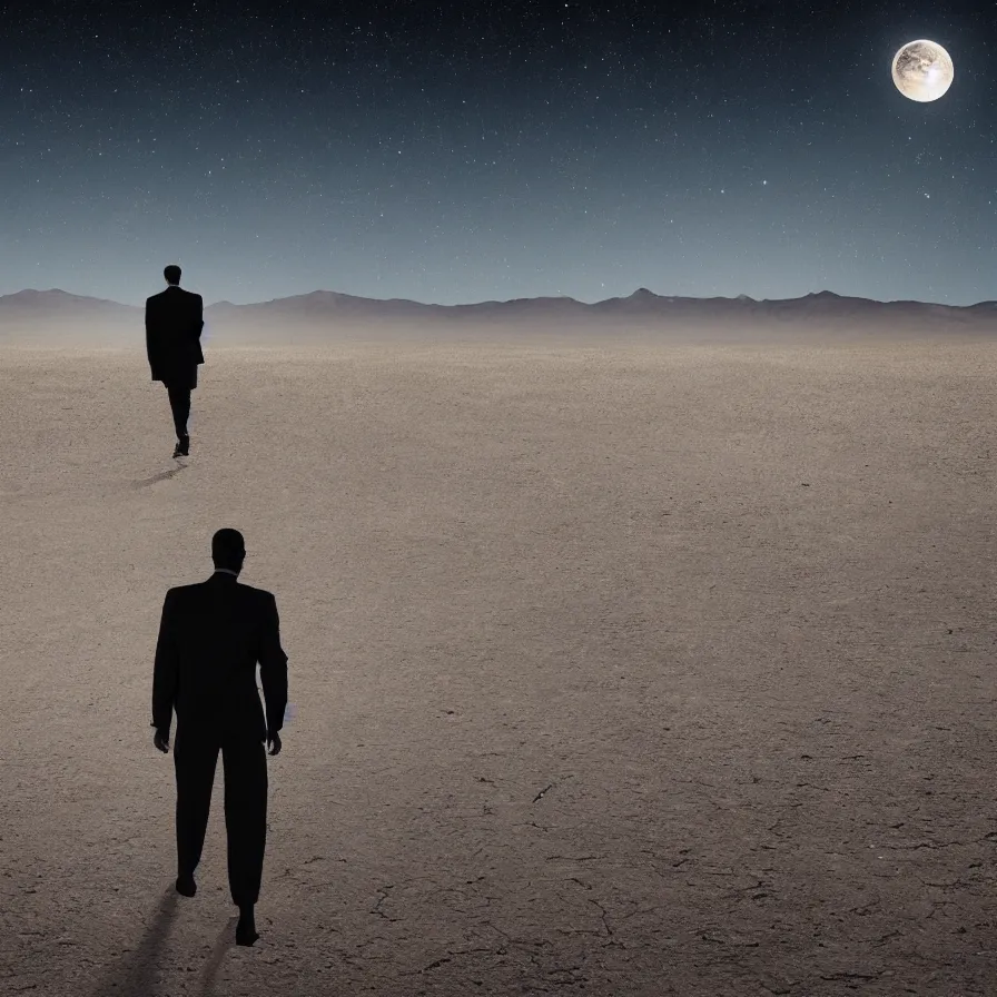 Image similar to a beautiful landscape of a powerful man wandering in a vast desert lit by the man in the moon