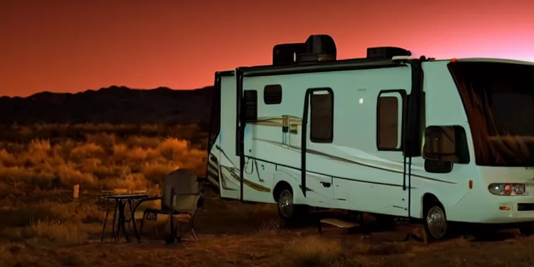 Image similar to photo still of the rv from the tv show breaking bad, cinematic-shot, night lighting, night skies, 4k